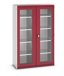 40014058.** Bott Cubio Window Door Cupboard with lockable doors and clear perspex windows. External dimensions are 1300mm wide x 525mm deep x 2000mm high and the cupboard is supplied with 4 x 160kg capacity shelves....